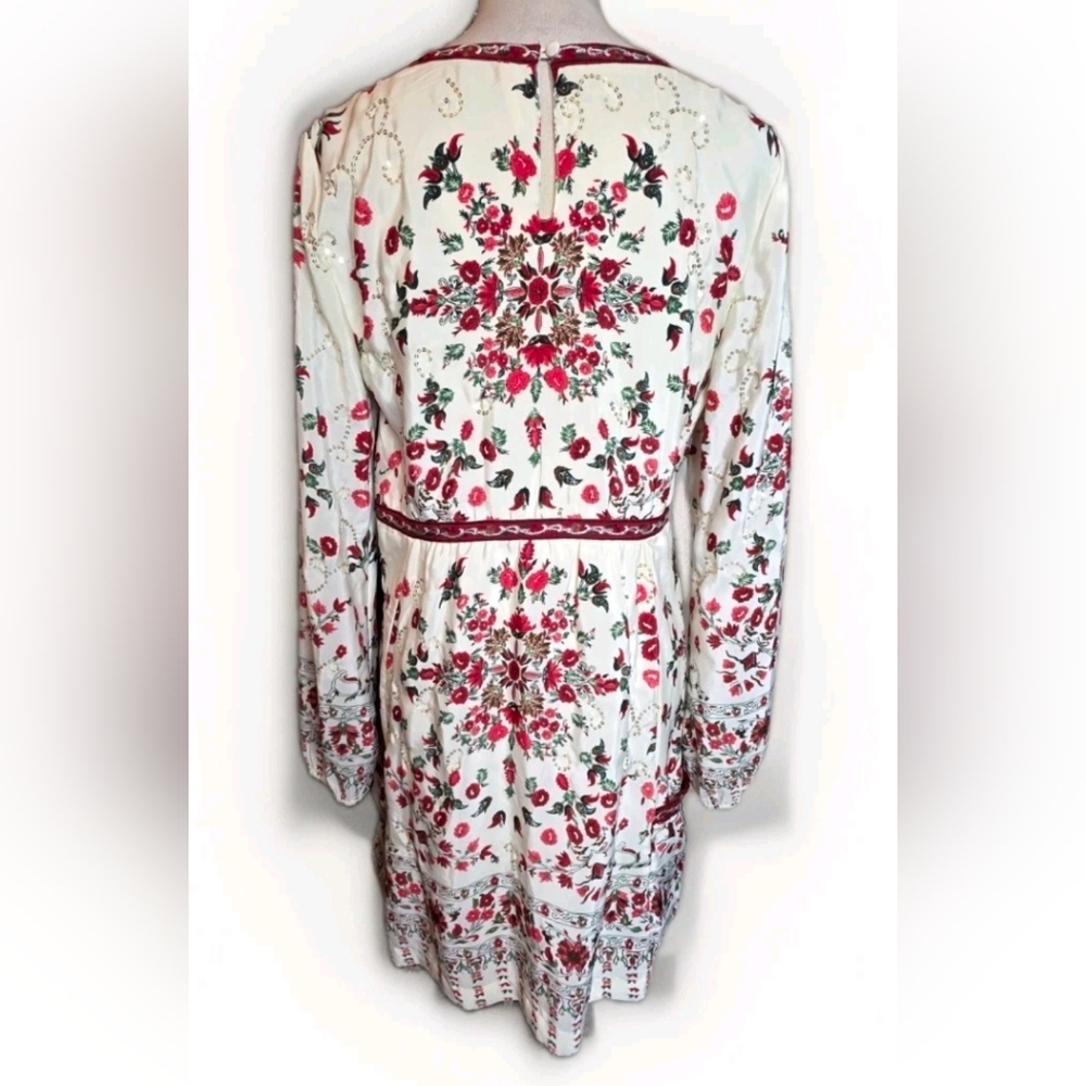 Free People Cream Floral Long Sleeve Boho Dress with Red Accents - Picture 2 of 5